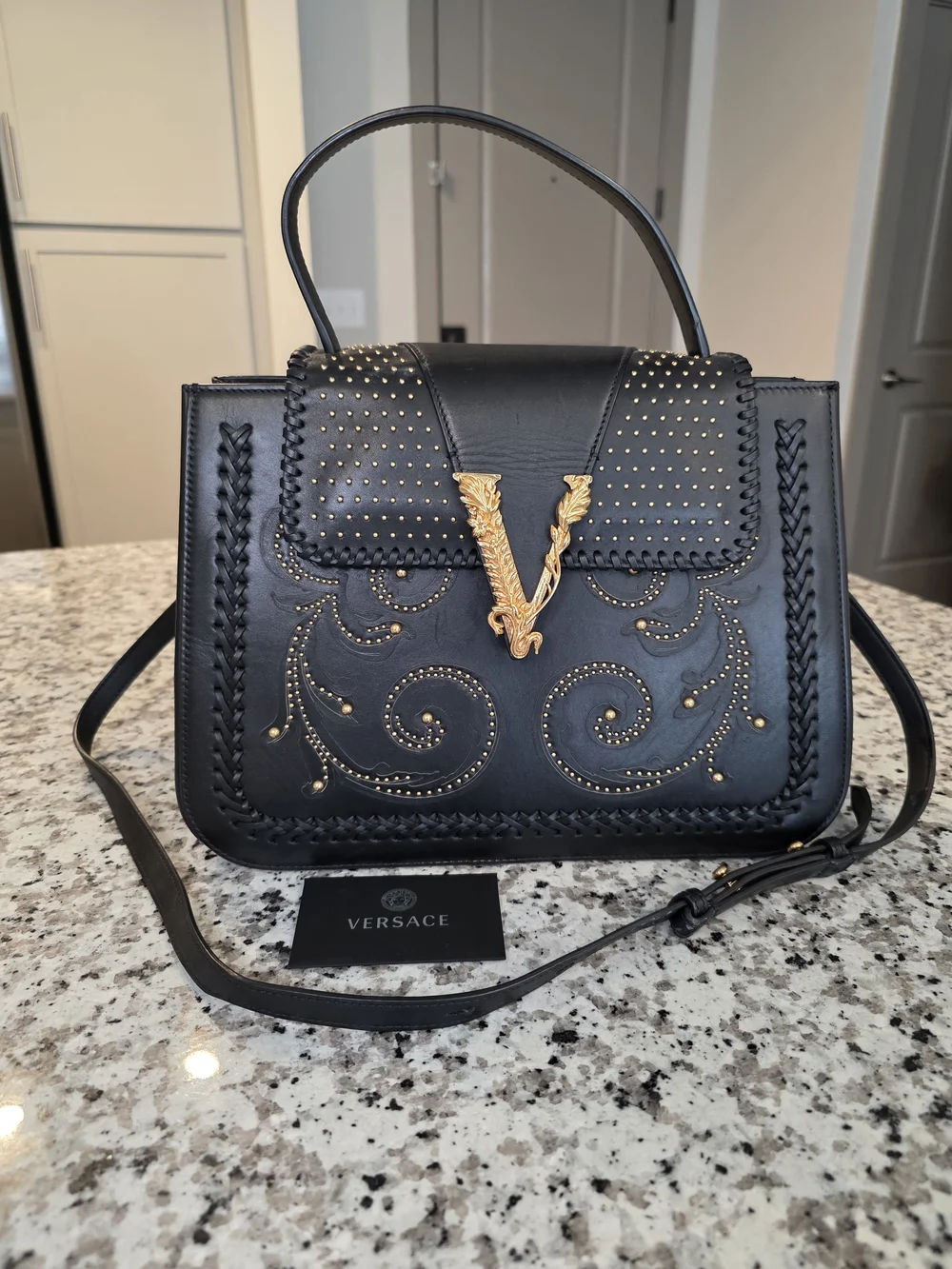 Versace Black Leather Satchel with Gold V Leaf Emblem